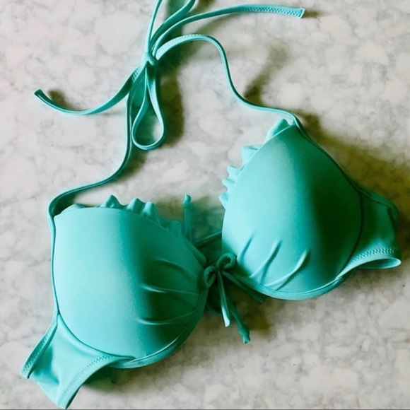 Victoria’s Secret 32B Pushup Swimsuit Bikini Top Teal Blue Sexy String - Picture 1 of 3
